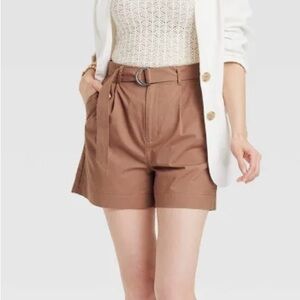 A New Day Tailored Shorts Womens 2 Brown Belted High-Rise Slash Pockets Zip Fly